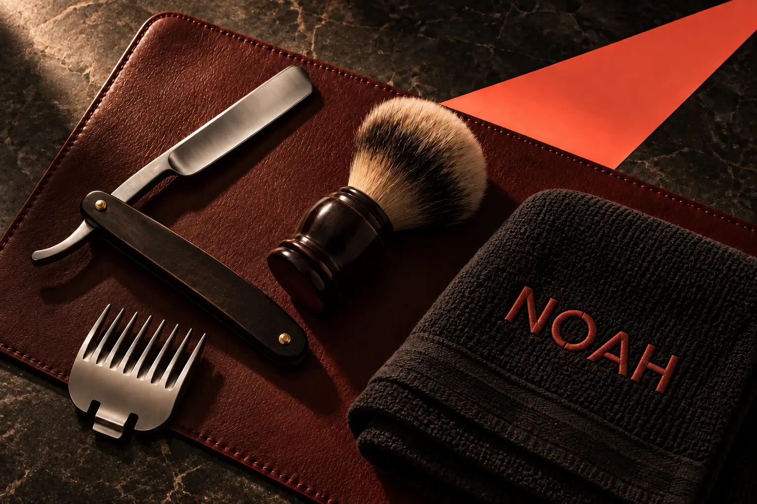 Instrumente de frizerie și prosop NOAH într-un cadru editorial