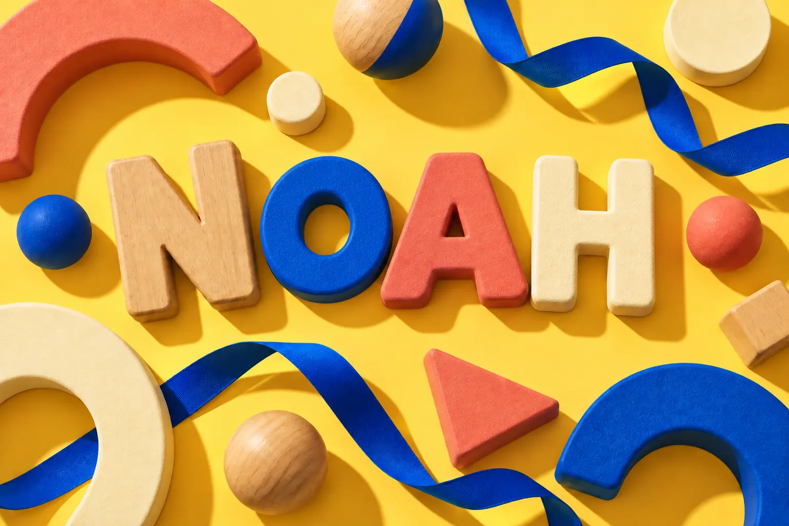 Literele NOAH printre forme colorate de joacă