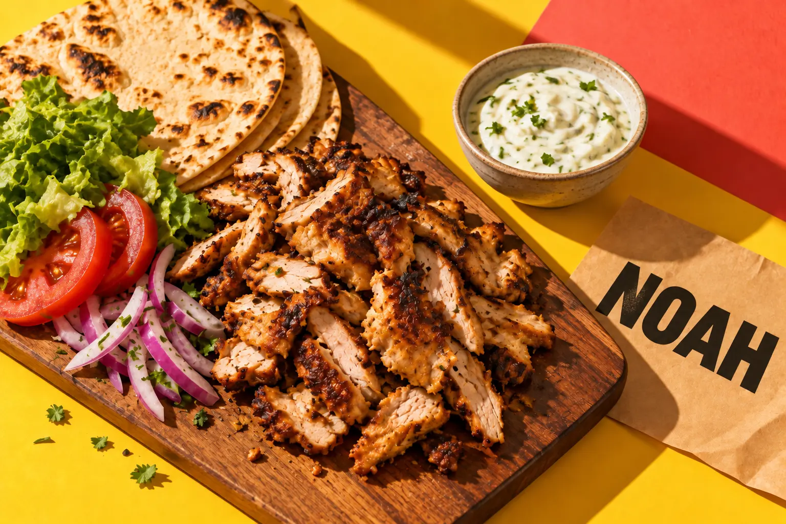 Cadru de campanie NOAH cu carne rumenită, lipie și legume