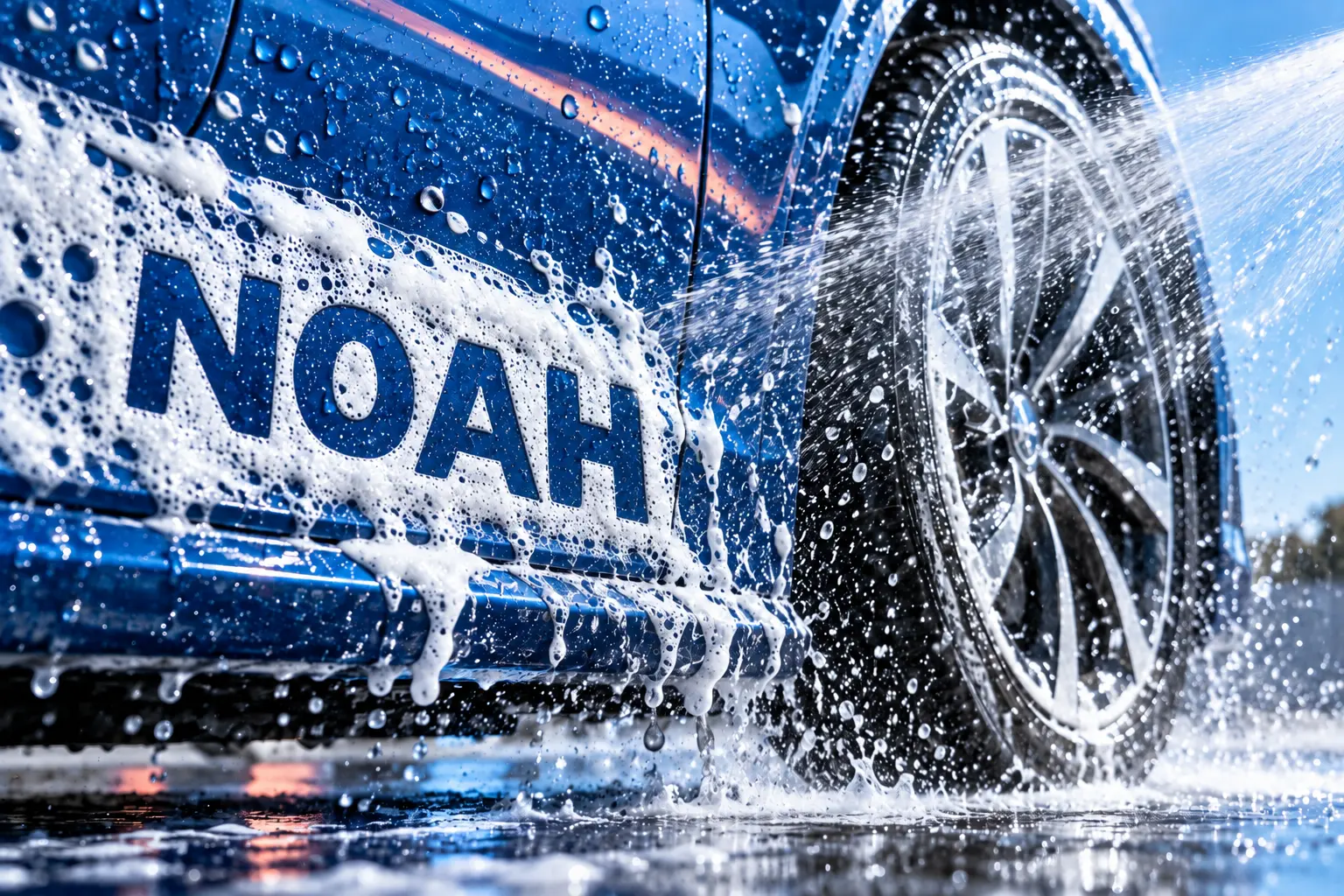 Cadru de campanie NOAH cu apă, spumă și o roată de mașină
